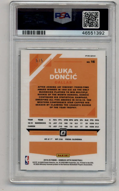 Graded Luka Doncic Donruss Optic Green trading card displayed in Luka Doncic 2019 Donruss Optic Green 5/5 PSA 9 Mint