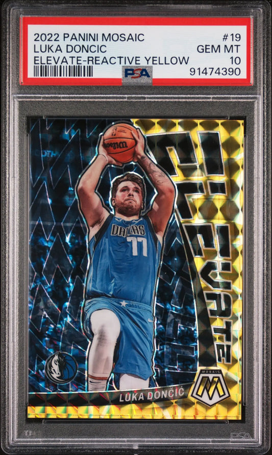 Graded Luka Doncic basketball card from Panini Mosaic Elevate Reactive Yellow PSA 10