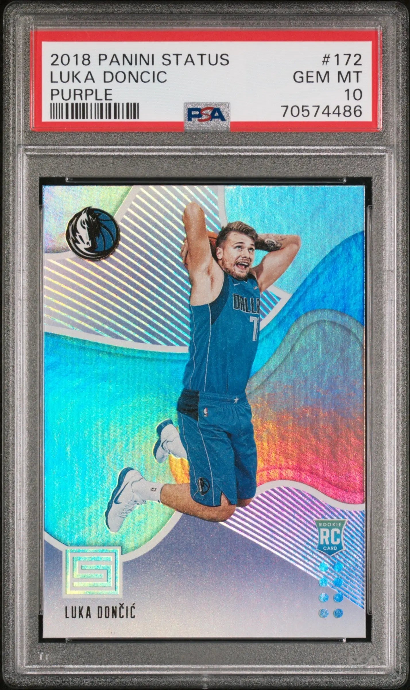 Luke Doncic 2018 Panini Status #172 Purple PSA 10 Gem Mint basketball card dunking