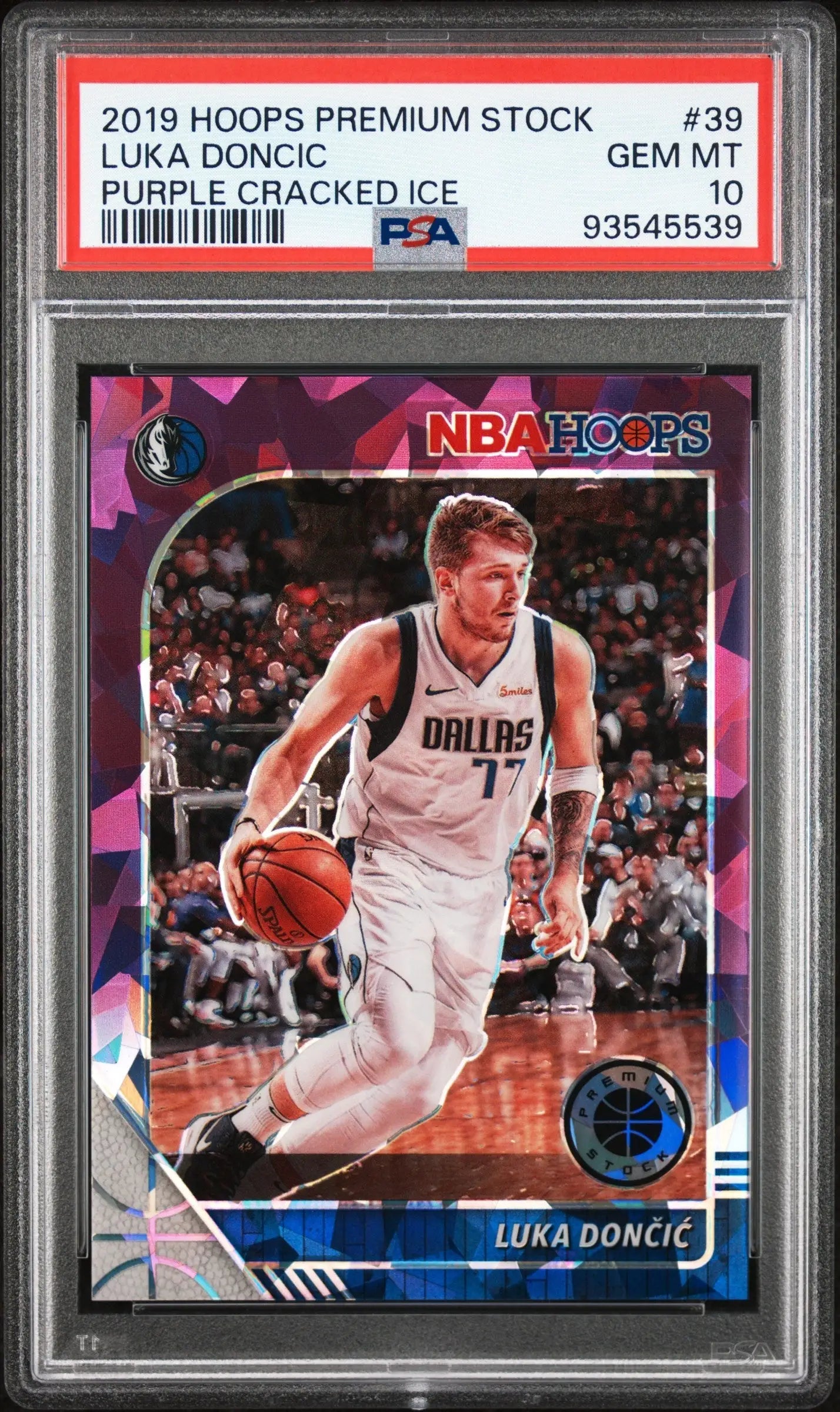 PSA Gem Mint 10 2019-20 NBA Hoops Premium Purple Cracked Ice card of Luka Doncic dribbling
