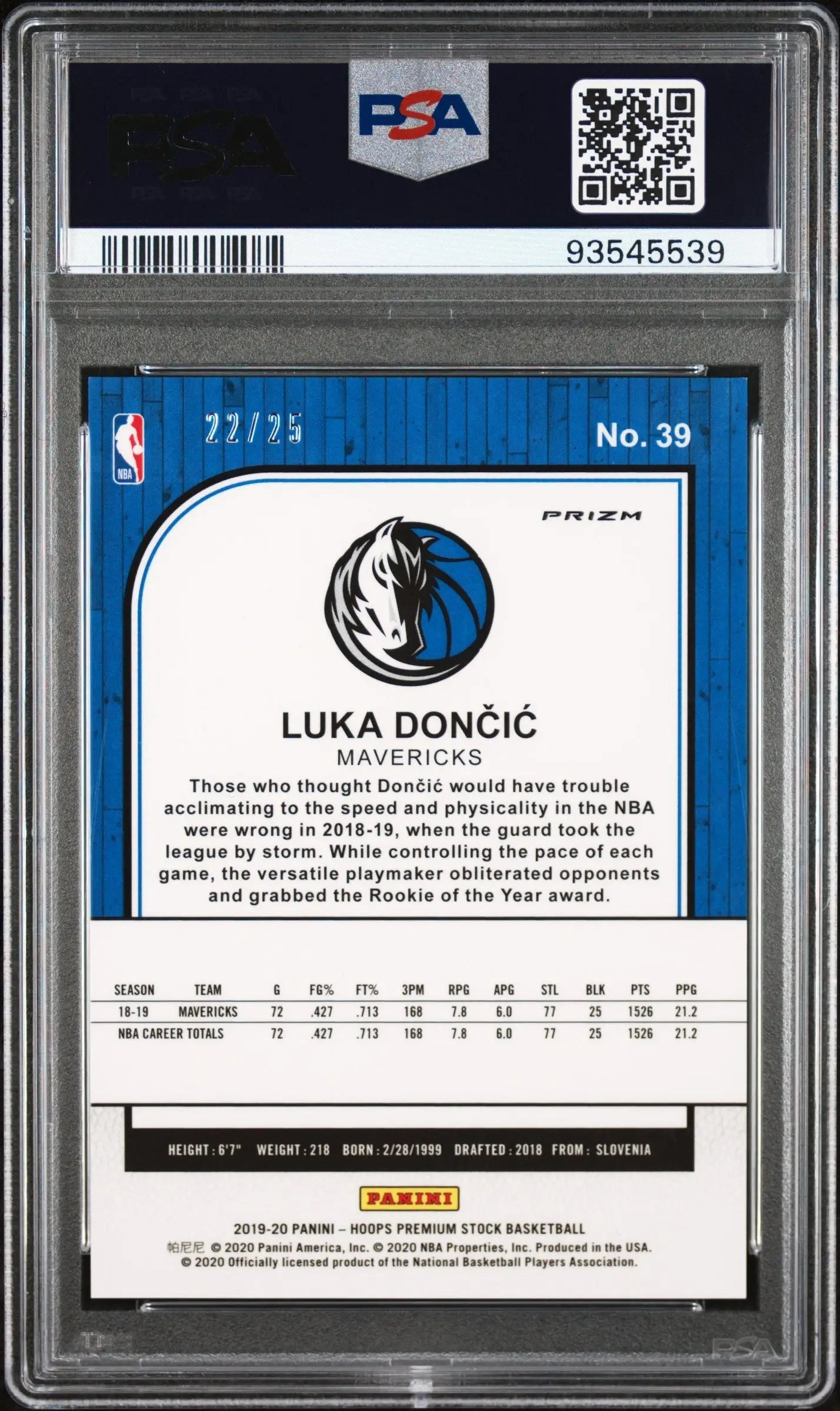 Back of Luka Doncic Dallas Mavericks card showing stats and Purple Cracked Ice design