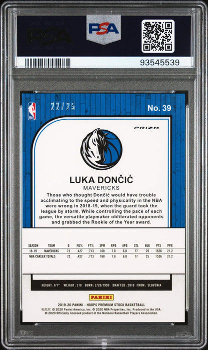 Back of Luka Doncic Dallas Mavericks card showing stats and Purple Cracked Ice design