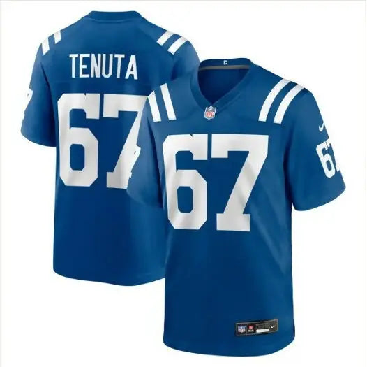 Blue Indianapolis Colts NFL football jersey with TENUTA 67 on front and back