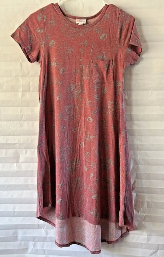 Pink floral print short-sleeved high-low hem dress with chest pocket for casual wear