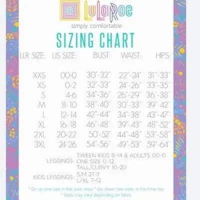 White clothing size chart with colorful borders for Lularoe Red Gray Simply Comfortable Dress