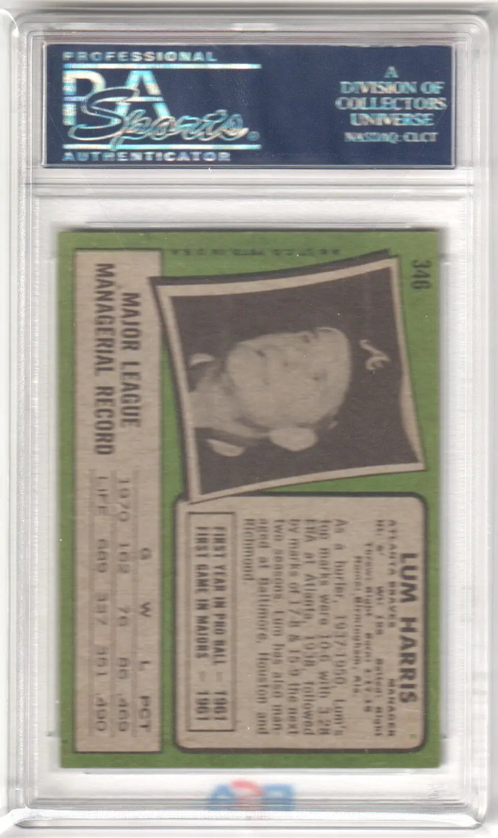 Graded Lum Harris baseball card from 1971 Topps #346 PSA 7 NM Columbia Hobby