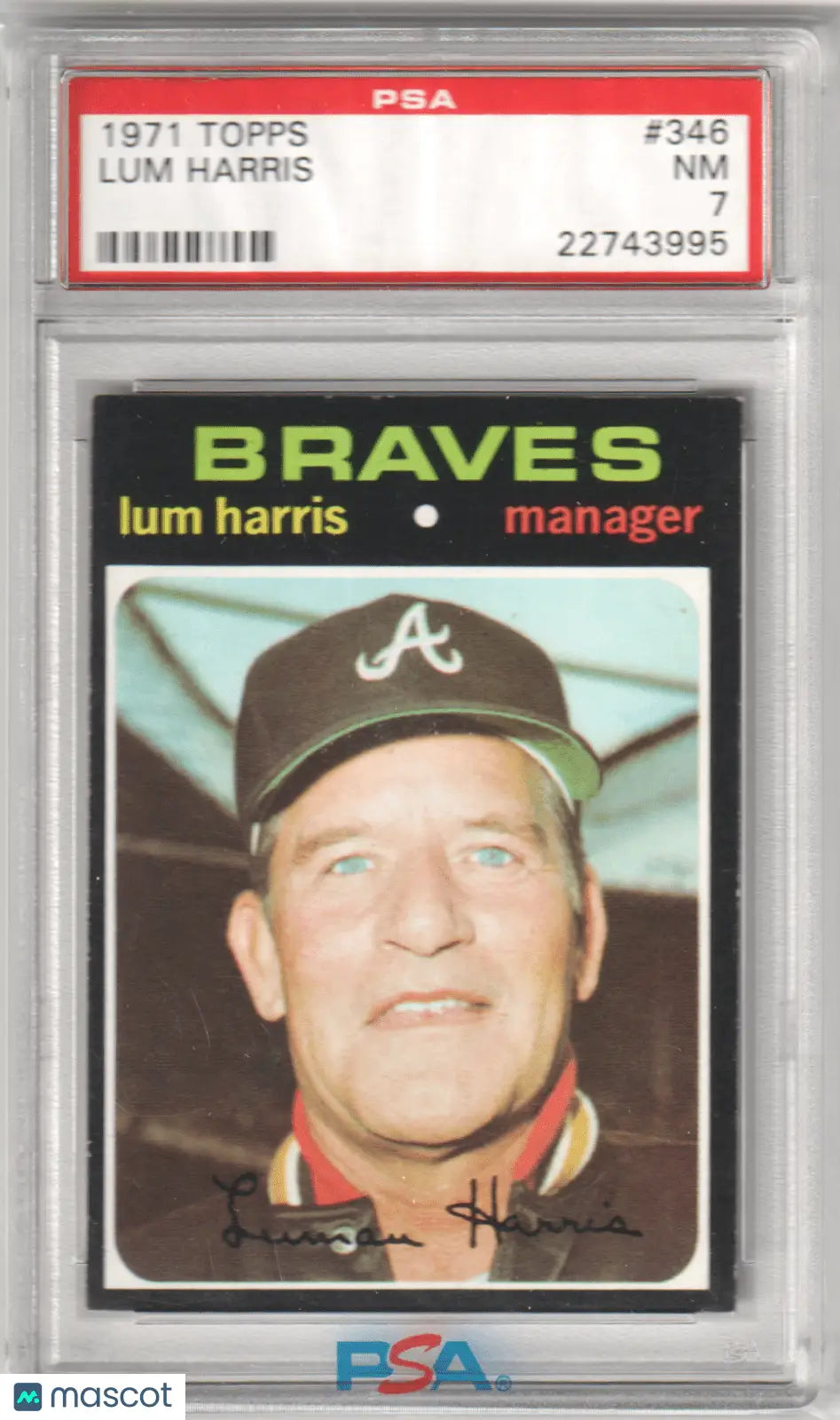 Graded 1971 Topps Lum Harris baseball card in PSA 7 NM from Columbia Hobby
