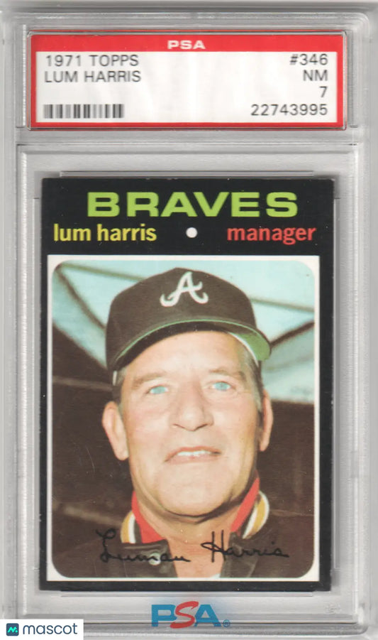 Graded 1971 Topps Lum Harris baseball card in PSA 7 NM from Columbia Hobby