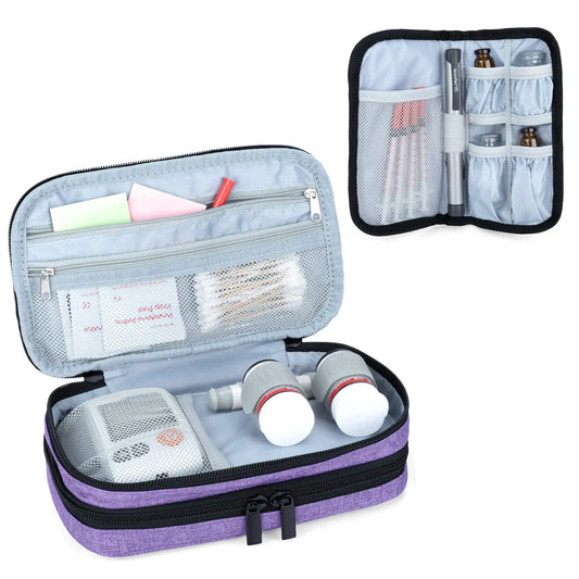 Open purple medical travel bag for diabetic testing accessories and supplies