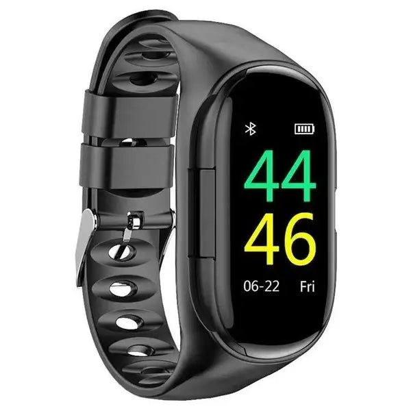 Black digital fitness tracker with buckle, oval screen, Bluetooth, and battery status, width 750px height