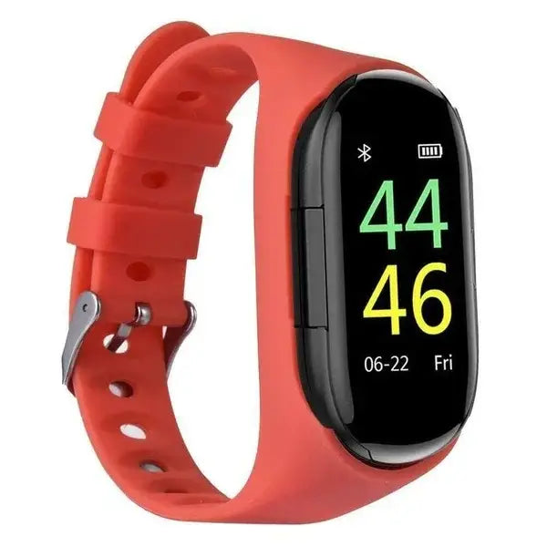 Red Smart Band with black display showing time date battery for M1 Smartwatch 2in1 Bt Earphone Hate Rate Blood Pressure Monitor, width 750px height