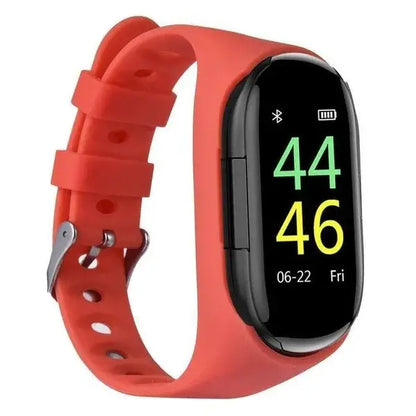 Red Smart Band with black display showing time date battery for M1 Smartwatch 2in1 Bt Earphone Hate Rate Blood Pressure Monitor, width 750px height