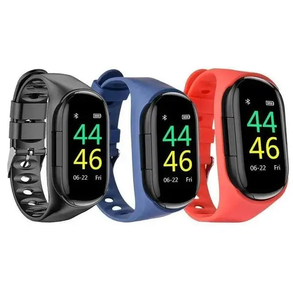 M1 Smartwatch 2in1 Bt Earphone Hate Rate Blood Pressure Monitor with curved black screens and silicone bands, width 750px height