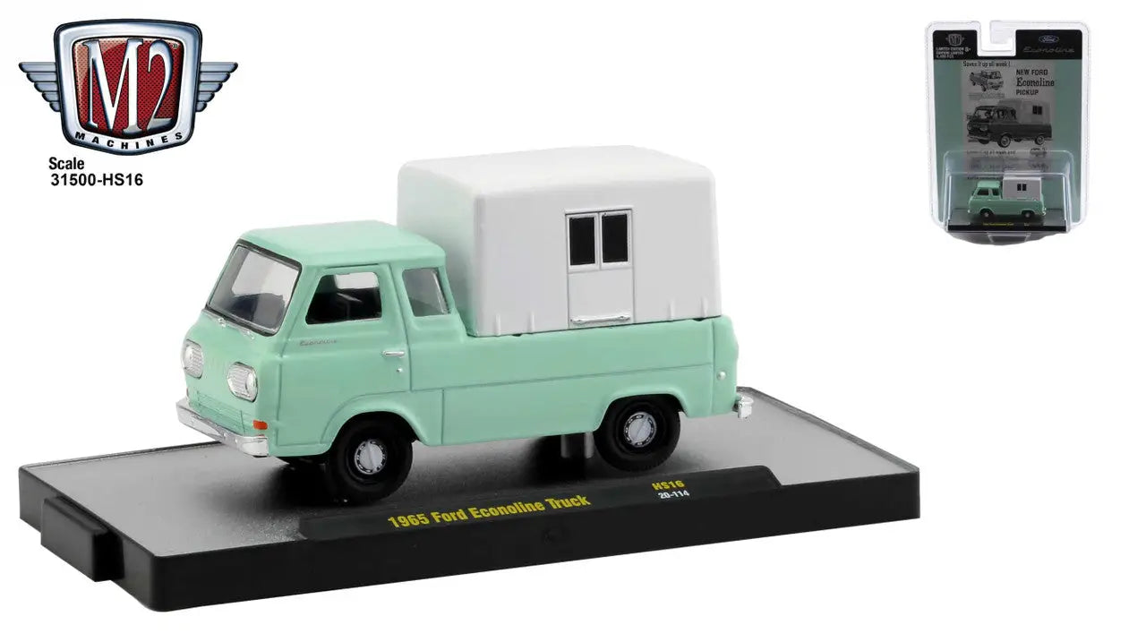 Mint green Ford Econoline Truck with white camper attachment in M2 Machines release