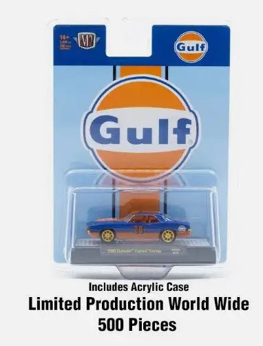 Collectible Chevrolet Camaro Custom Rel HS59 die-cast model in acrylic case with Gulf branding