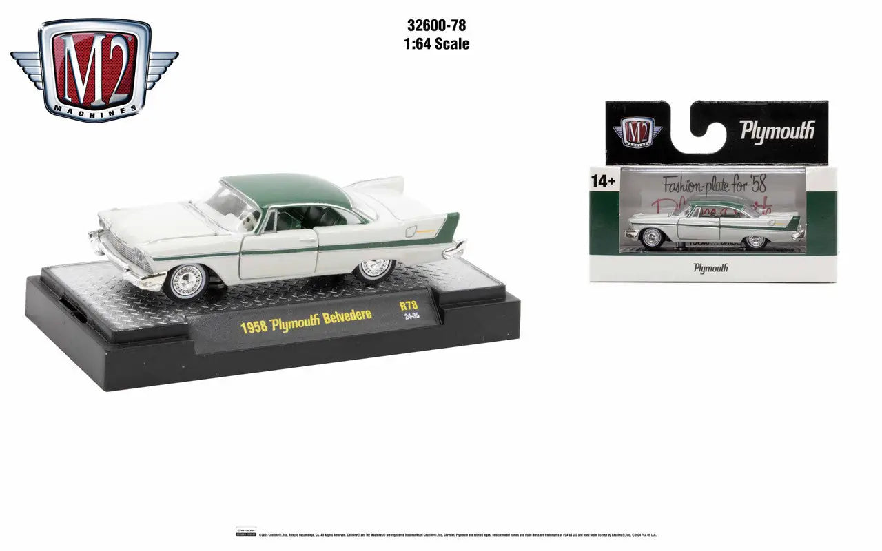 White and green 1958 Plymouth Belvedere die-cast model in retail packaging, M2 Machines Auto Authentic