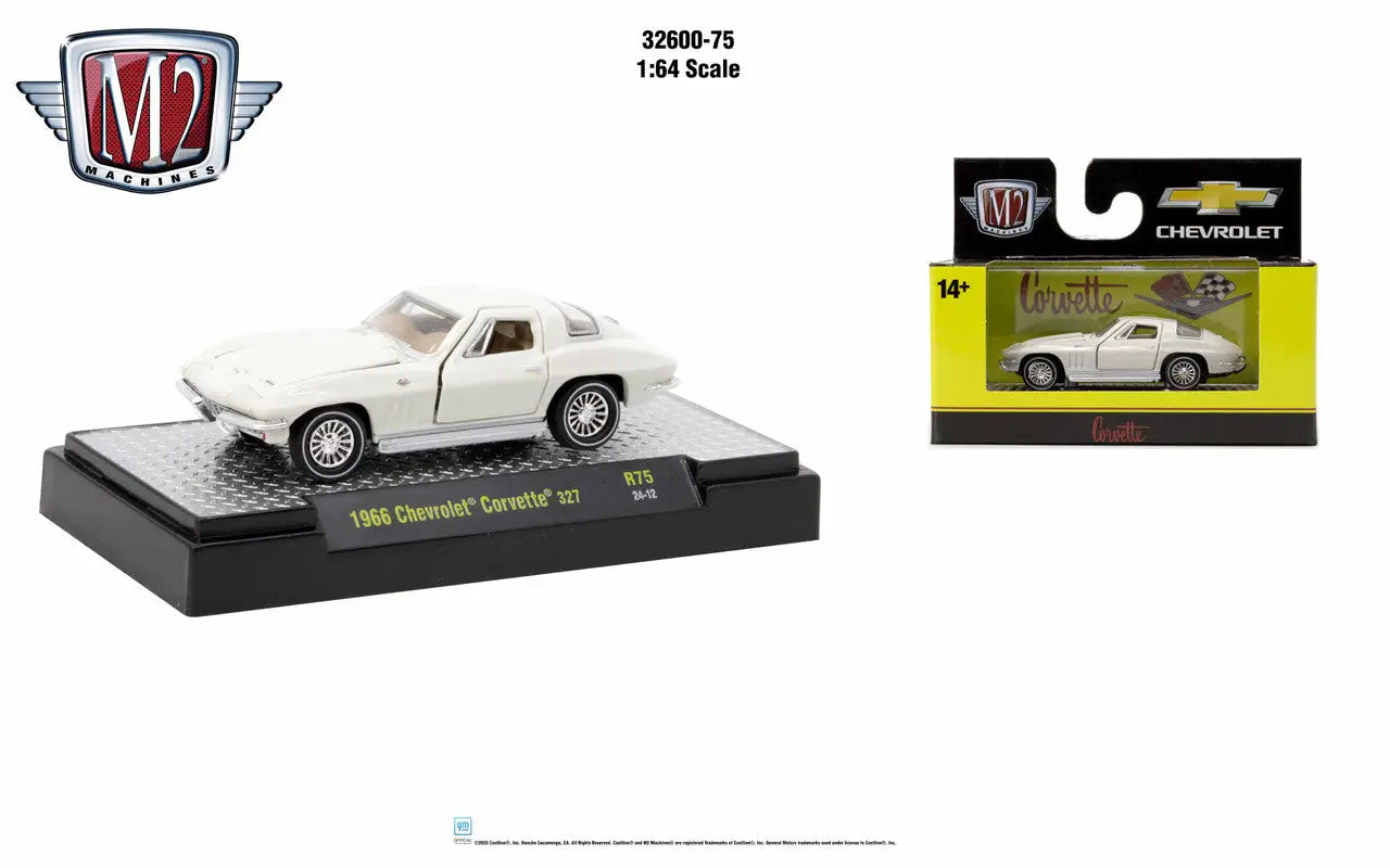 White 1966 Chevrolet Corvette die-cast model on display for M2 Machines Auto Authentic collection