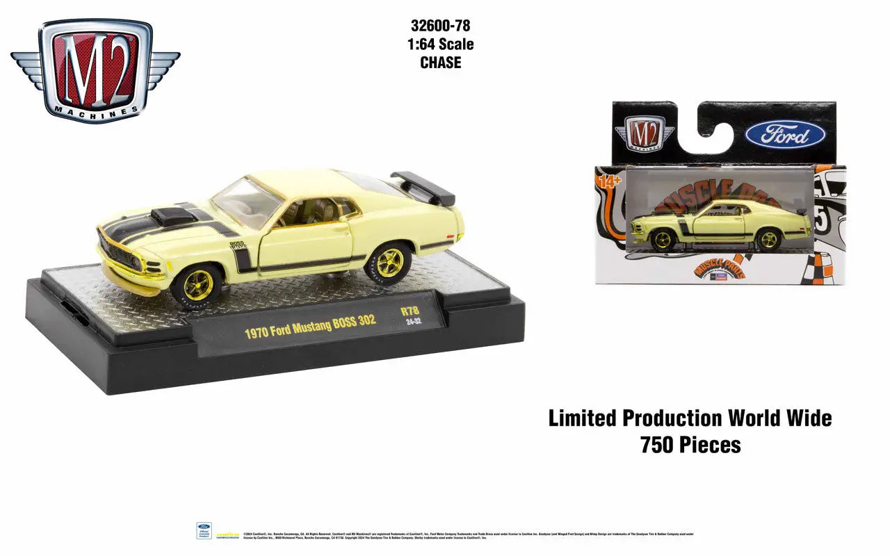 Yellow 1970 Ford Mustang BOSS 302 die-cast model from M2 Machines Auto Authentic series