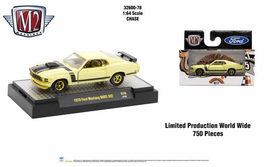 Yellow 1970 Ford Mustang BOSS 302 die-cast model from M2 Machines Auto Authentic series