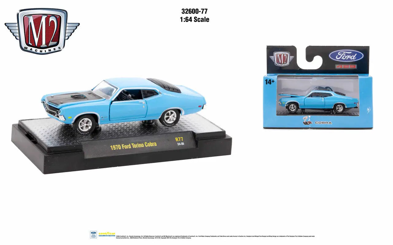 Light blue 1970 Ford Torino Cobra die-cast model by M2 Machines Auto Authentic