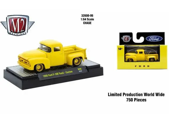 Yellow 1956 Ford F-100 toy truck Detroit Muscle R86 Truck Custom Chase display