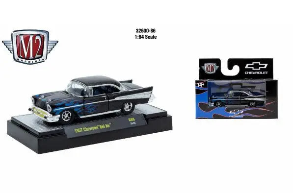 Black 1957 Chevrolet Bel Air toy car from M2 Machines Detroit Muscle R86 collection