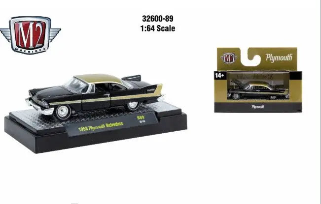 Black and gold 1958 Plymouth Belvedere toy car from Detroit Muscle R89 series