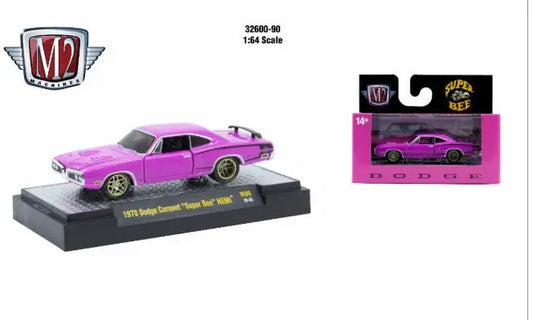 Pink 1970 Dodge Coronet Super Bee die-cast model car with gold wheels from Detroit Muscle R90