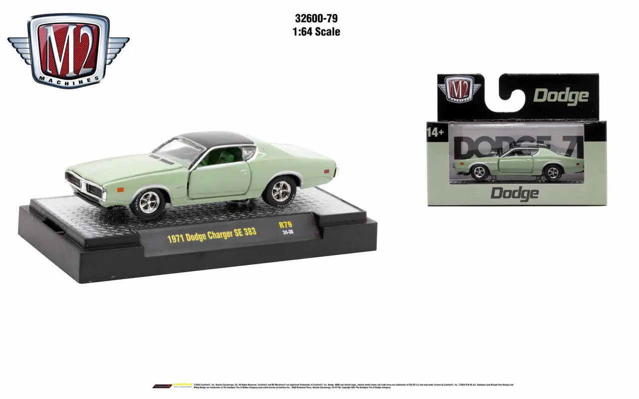Light green 1971 Dodge Charger SE 383 die-cast model in Detroit Muscle Release packaging