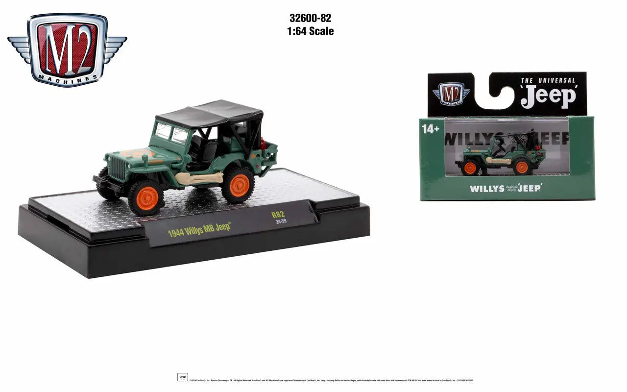 Green and orange Willys MB Jeep die-cast model from M2 Machines Detroit Muscle Release