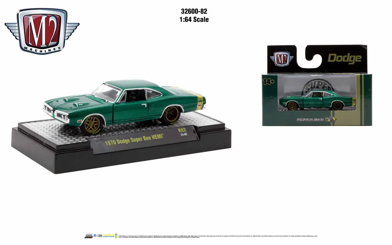Green 1970 Dodge Super Bee diecast model with gold wheels from M2 Machines Detroit Muscle Release