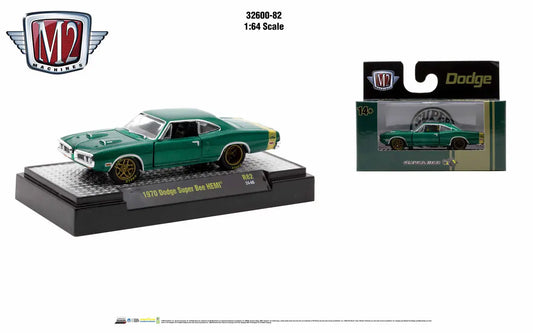 Green 1970 Dodge Super Bee diecast model with gold wheels from M2 Machines Detroit Muscle Release