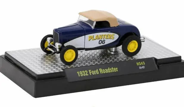Model of a 1932 Ford Roadster with Planters branding and yellow wheels in M2 Machines Ford Roadster Release HS43