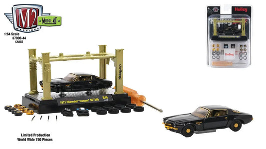 Black and gold model car lift set showcasing M2 Machines 1:64 Model Kit Release 44 Camaro SS 396