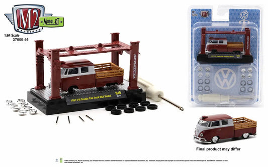 Vintage Volkswagen Double Cab Truck model kit on display stand with lifting mechanism