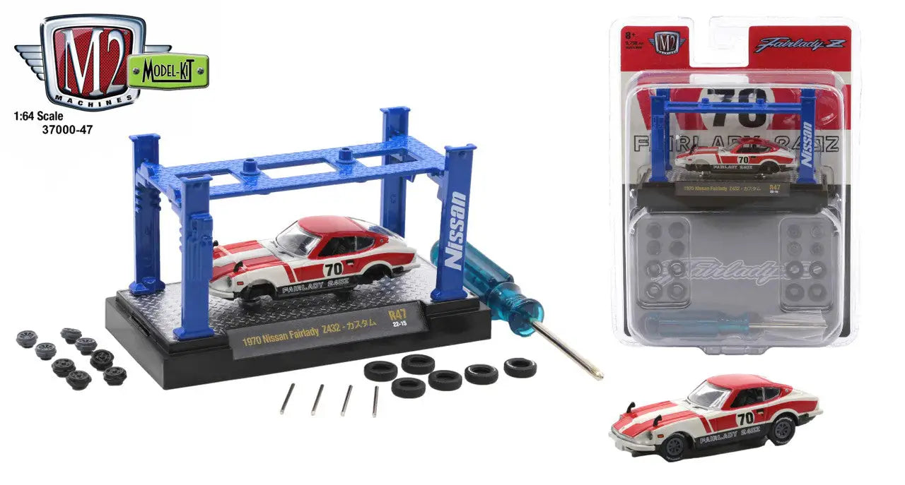 Model Kit Release featuring Nissan Fairlady Z432 with car lift kit and racing accessories