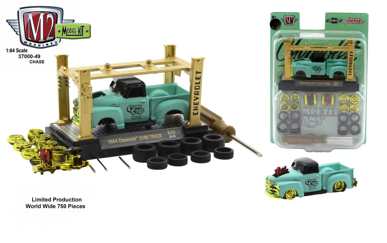 Mint green vintage toy pickup truck on flatcar with spare parts, M2 Machines model kit release
