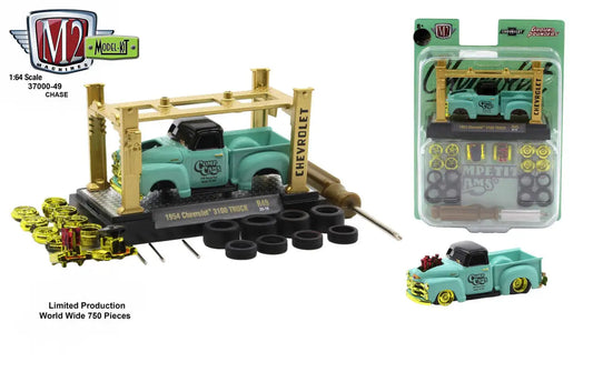 Mint green vintage toy pickup truck on flatcar with spare parts, M2 Machines model kit release