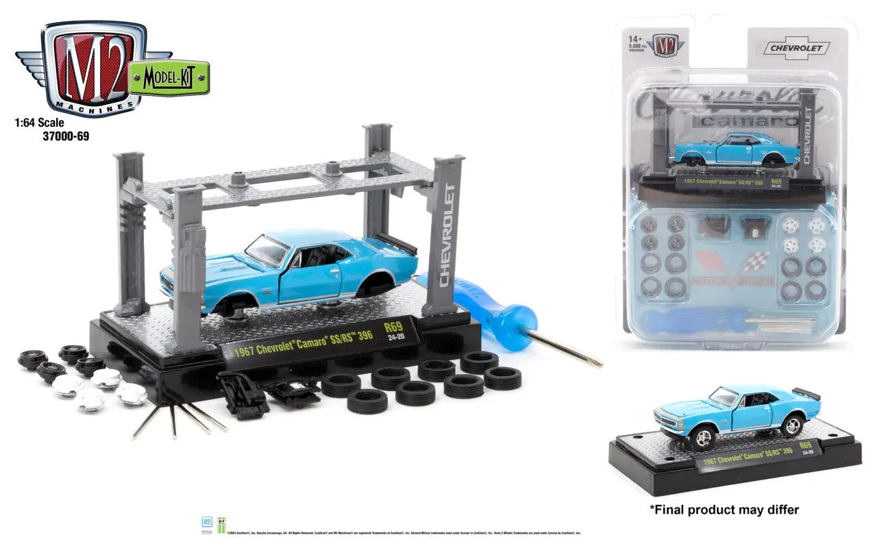 Light blue classic Mustang model car with display stand and parts kit from M2 Machines model kit release