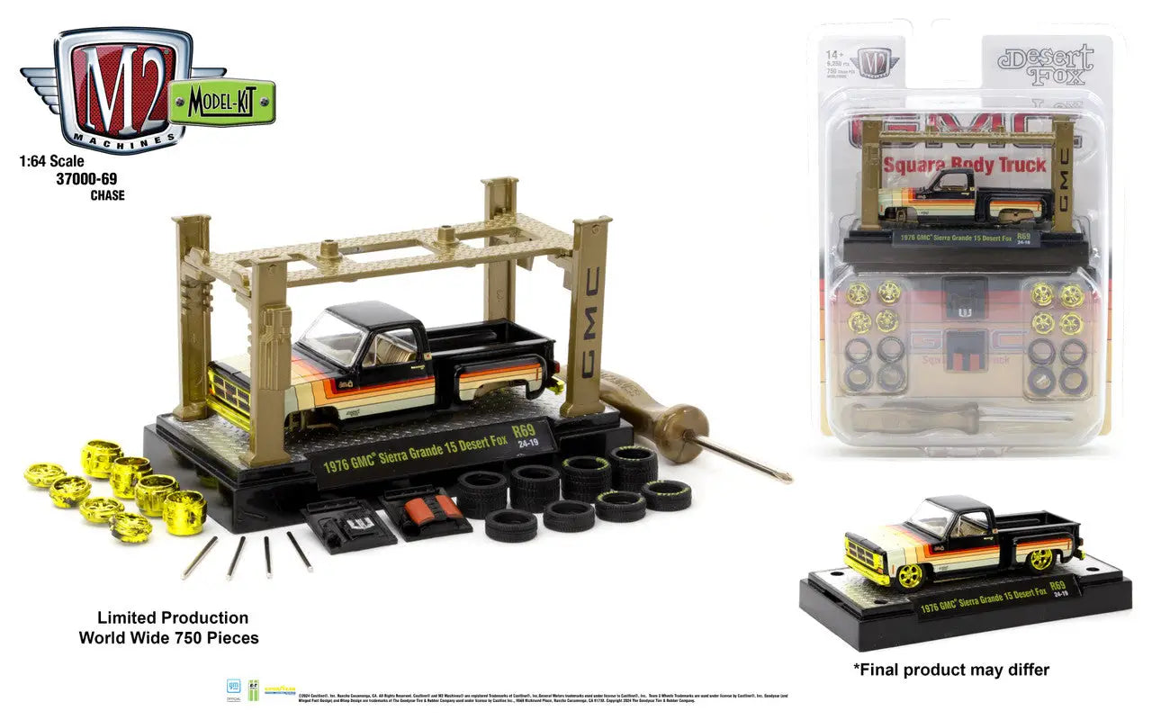 M2 Machines Model Kit Release featuring a black 1976 GMC Sierra Grande Desert Fox CHASE