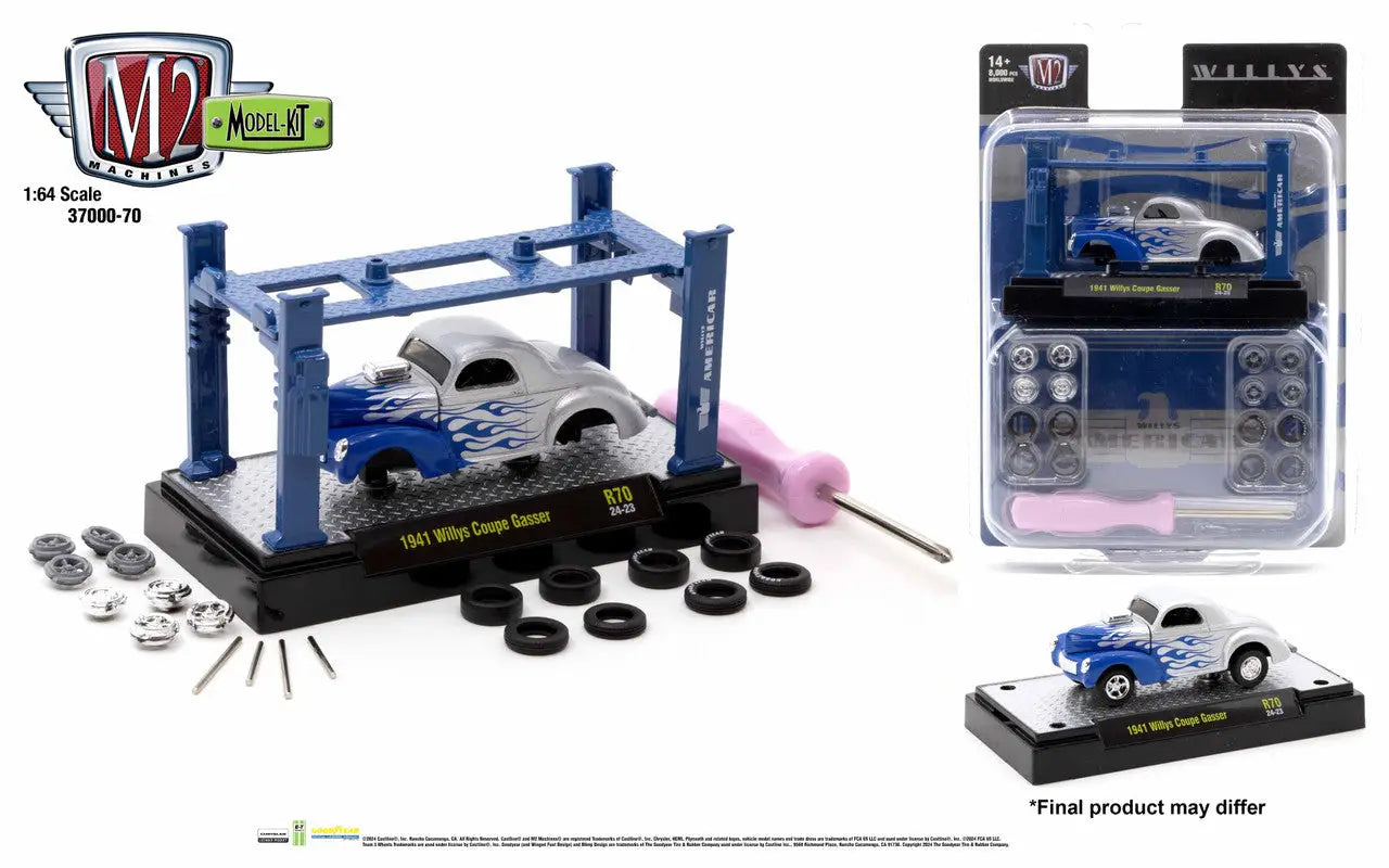 Model kit release featuring blue silver vintage Volkswagen Beetle with tools and parts