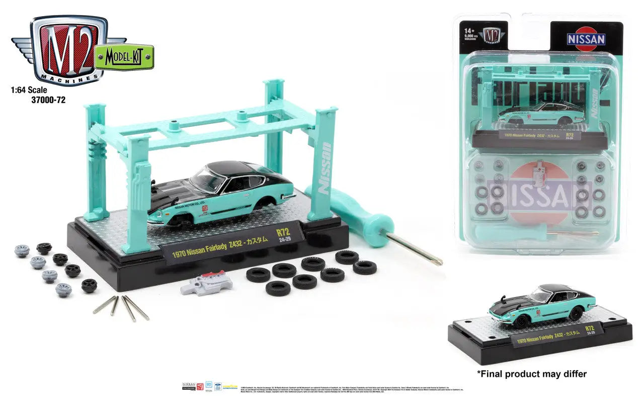Mint green model car lift with turquoise Nissan Fairlady Z432 from model kit release