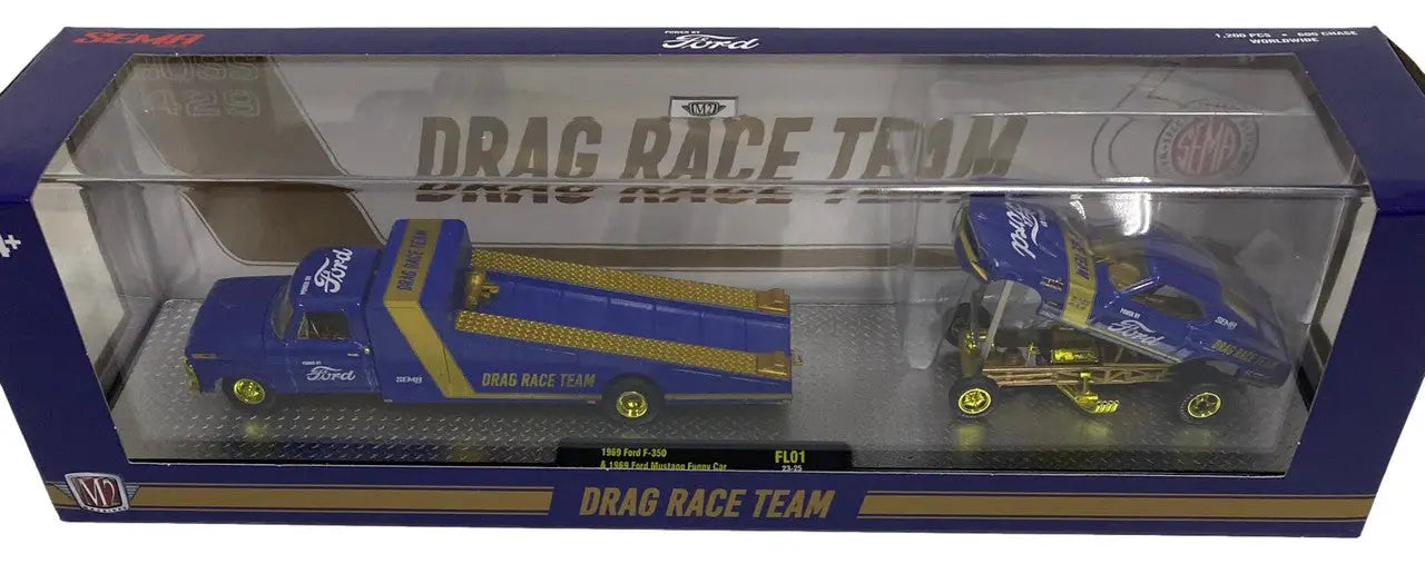 Blue and yellow racing team hauler with Mustang Funny Car in M2 Machines SEMA Exclusive display