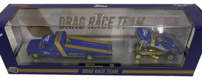 Blue and yellow racing team hauler with Mustang Funny Car in M2 Machines SEMA Exclusive display