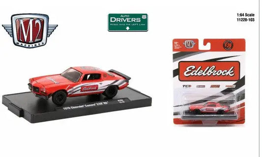Red vintage Chevrolet Camaro Z28 with white racing stripes in M2 Machines Auto-Drivers
