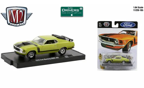Lime green Ford Mustang Boss 302 model displayed from M2 Machines Auto-Drivers