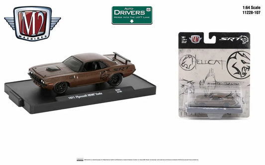 Die-cast model of a classic brown Plymouth Hemi Cuda from M2 Machines Auto-Drivers