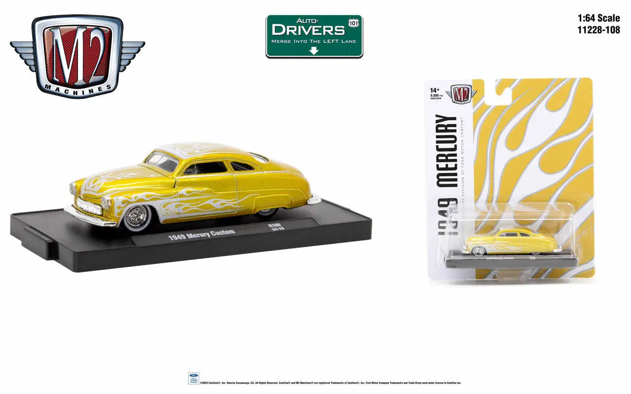 Yellow vintage 1949 Mercury Custom model from M2 Machines Auto-Drivers, ideal for collectors