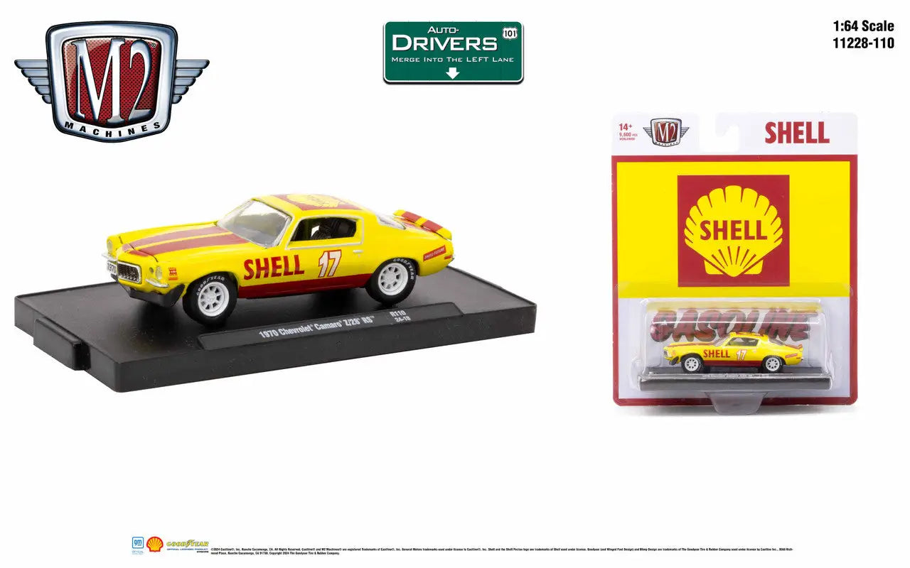 Yellow 1970 Plymouth Barracuda with Shell branding in M2 Machines Auto-Drivers display