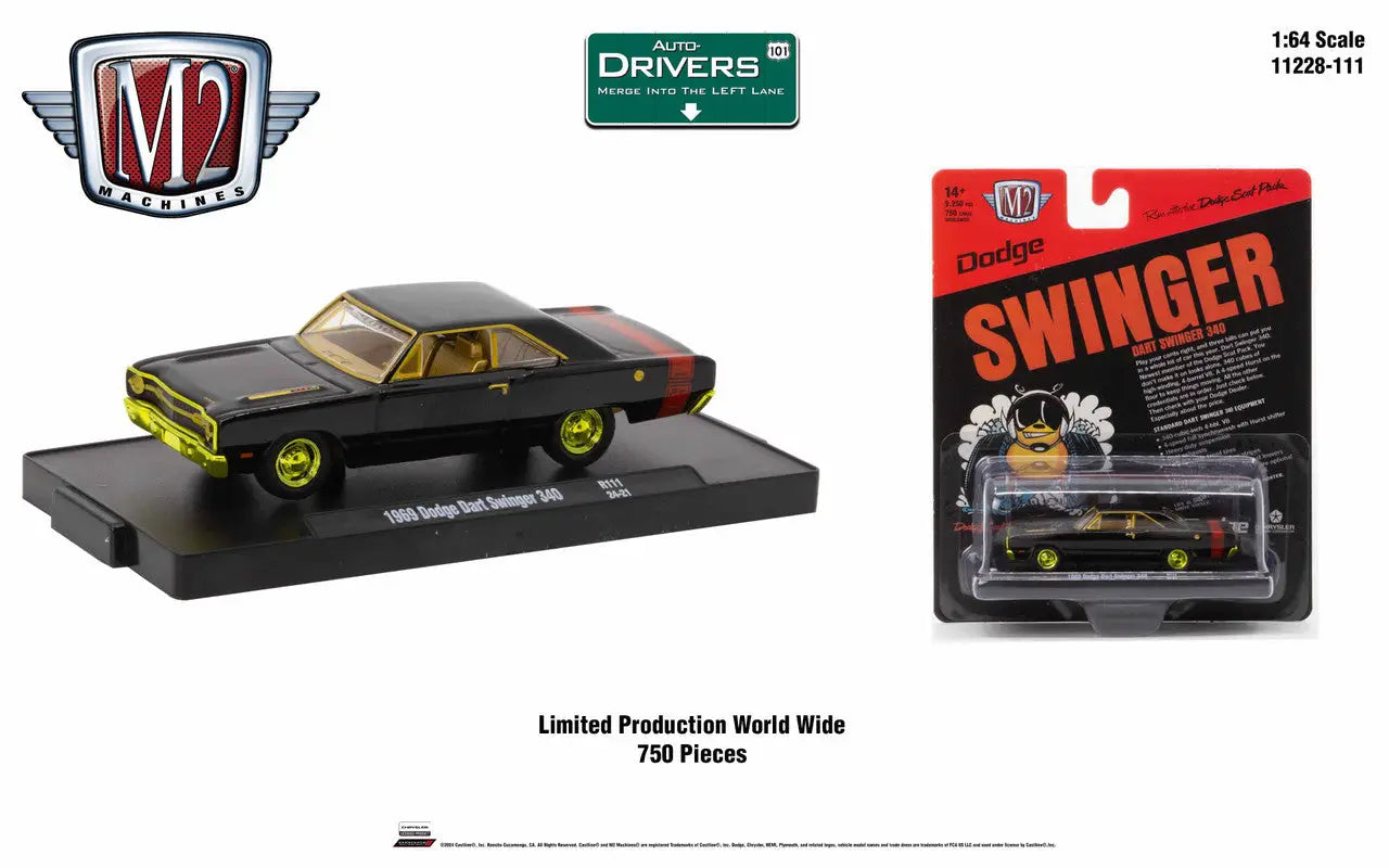 Black and gold 1969 Plymouth Road Runner die-cast model with Dodge Dart Swinger packaging